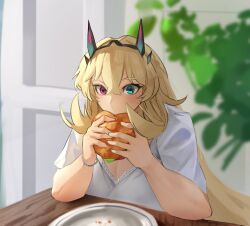 Rule 34 | 1girl, absurdres, barghest (fate), blonde hair, blush, bracelet, breasts, burger, cleavage, dress, eating, fairy knight gawain (dream portrait) (fate), fate/grand order, fate (series), food, green eyes, heterochromia, highres, horns, jewelry, large breasts, long hair, muscular, muscular female, obazzotto, plate, red eyes, short sleeves, solo, white dress