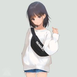 Rule 34 | 1girl, bag, black hair, brown eyes, clothes writing, commentary request, cowboy shot, denim, denim shorts, flat chest, fuzuki fuuro, grey background, head tilt, highres, mole, mole on neck, mole under eye, original, short hair, shorts, simple background, solo, standing, sweater, swimsuit, translation request, white sweater
