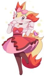 Rule 34 | 1girl, animal ear fluff, animal nose, blue eyes, blush, bow, braixen, clothed pokemon, cosplay, creatures (company), dress, female focus, furry, furry female, game freak, gen 6 pokemon, gloves, hair bow, looking at viewer, nintendo, pink (4chan), pink bow, pink dress, pokemon, red bow, serena (pokemon), serena (pokemon) (cosplay), snout, solo, standing, standing on one leg