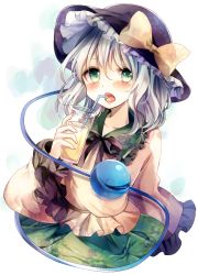 Rule 34 | 1girl, :o, blush, bow, breasts, bucket, closed eyes, collared shirt, cowboy shot, cup, drink, drinking glass, drinking straw, frills, green eyes, hat, hat bow, heart, holding, komeiji koishi, long sleeves, looking at viewer, md5 mismatch, open mouth, sash, shirt, short hair, silver hair, skirt, skirt set, small breasts, solo, striped, third eye, touhou, ukita uuko, wide sleeves