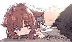 Rule 34 | 1boy, 1girl, aoi tori, blush, brown eyes, brown hair, hair flaps, hand on another&#039;s chest, highres, long hair, looking at viewer, lying, on side, original, pov, raika-chan (aoi tori), simple background, white background