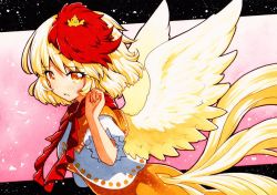 Rule 34 | 1girl, animal, animal on head, bad id, bad twitter id, bird, bird on head, bird tail, bird wings, blonde hair, brown dress, chick, chicken, dress, feathered wings, multicolored hair, niwatari kutaka, on head, orange dress, qqqrinkappp, red hair, red neckwear, shirt, solo, tail, touhou, traditional media, two-tone hair, white shirt, wings, yellow wings