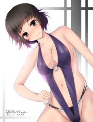 Rule 34 | 10s, 1girl, alternate costume, arm at side, bare arms, bare legs, bare shoulders, blasowa, blunt bangs, blush, breasts, brown eyes, brown hair, dutch angle, embarrassed, female focus, gradient background, hair ornament, hairclip, hand on own hip, highres, kantai collection, large breasts, looking at viewer, myoukou (kancolle), navel, o-ring, o-ring swimsuit, o-ring top, one-piece swimsuit, shiny skin, short hair, sideboob, solo, striped, striped background, swimsuit