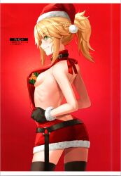 Rule 34 | 1girl, absurdres, bare shoulders, blonde hair, box, braid, breasts, dress, fate/apocrypha, fate/grand order, fate (series), from side, fur trim, gift, gift box, gloves, gradient background, green eyes, hat, highres, long hair, looking at viewer, mordred (fate), mordred (fate/apocrypha), parted lips, pom pom (clothes), ponytail, red background, red dress, ribs, santa costume, santa hat, scan, short dress, sideboob, simple background, small breasts, smile, solo, thighhighs, tonee, turtleneck, zettai ryouiki