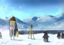 Rule 34 | 1girl, animal, arknights, bird, brown hair, commentary, commentary request, drone, english commentary, highres, long hair, magallan (arknights), mixed-language commentary, mountain, penguin, scenery, snow, solo, turnip eh