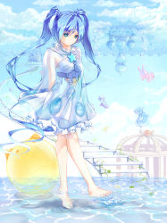 Rule 34 | 1girl, aqua eyes, aqua hair, arms behind back, barefoot, blue hair, cloud, day, dress, feet, hatsune miku, highres, hmniao, long hair, outdoors, see-through, sky, smile, solo, stairs, star (symbol), tiptoes, toenails, toes, twintails, very long hair, vocaloid, wading, water