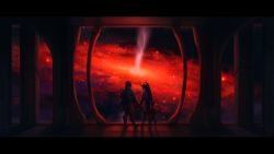 Rule 34 | 1boy, 1girl, absurdres, alien, backlighting, black hole, child, commission, dark, facing away, future, galaxy, highres, lasoldatmort, looking away, observation deck, original, red theme, shadow, signature, silhouette, space, spacecraft, star (symbol), wallpaper