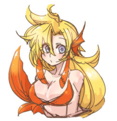 Rule 34 | 1girl, bare arms, bare shoulders, bikini, bikini top only, blonde hair, blush, breasts, capcom, cleavage, fins, fish tail, large breasts, long hair, looking to the side, lowres, marty (mega man), mega man (series), mega man x (manga), mega man x (series), sketch, solo, swimsuit, tail, white background