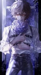 Rule 34 | 1boy, ahoge, alternate costume, belt, bishounen, bouquet, bracelet, brown hair, commentary, commentary request, covering own mouth, cowboy shot, expressionless, facing viewer, flower, frilled shirt, frilled sleeves, frills, granblue fantasy, hair between eyes, harness, highres, holding, holding bouquet, jewelry, leather, leather belt, leather pants, looking at viewer, male focus, muramitsu (d3jgv), pants, purple flower, red eyes, sandalphon (granblue fantasy), shirt, short hair, window, wisteria