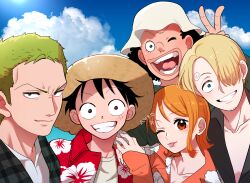 1girl 4boys black_eyes black_hair blonde_hair blue_eyes blue_sky bunny_ears_prank cloud collarbone commentary_request facial_scar floral_print green_hair grin hair_over_one_eye hat highres monkey_d._luffy mugicha_(zoro1132) multiple_boys nami_(one_piece) one_piece orange_hair photo-referenced red_eyes roronoa_zoro sanji_(one_piece) scar scar_on_cheek scar_on_face sky sleeves_past_wrists smile sun_hat tongue tongue_out usopp v white_hat