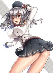 Rule 34 | 10s, 1girl, beret, blue eyes, breasts, gloves, hat, kantai collection, kashima (kancolle), keita (tundereyuina), large breasts, long hair, open mouth, silver hair, smile, solo, twintails, uniform, wavy hair