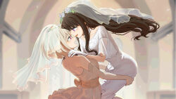 Rule 34 | 2girls, absurdres, black hair, blonde hair, blurry, blurry background, blush, bridal veil, carrying, carrying person, commentary request, crying, dress, elbow gloves, female focus, flower, gloves, hair flower, hair ornament, hands on another&#039;s shoulders, highres, indoors, inoue takina, jewelry, long hair, lycoris recoil, multiple girls, nishikigi chisato, open mouth, purple eyes, ring, short hair, smile, strapless, strapless dress, tears, veil, wedding dress, wedding ring, white gloves, wife and wife, ying (suetmo), yuri