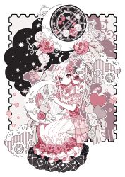 Rule 34 | 1girl, ahoge, artist name, black ribbon, border, clock, closed mouth, commentary, crescent, dress, elina (e2n04n), english commentary, english text, flower, frills, full body, gears, grey ribbon, hair flower, hair ornament, hair ribbon, harp, heart, highres, holding, holding instrument, instrument, long dress, looking at viewer, medium hair, mixed-language commentary, music, musical note, neck flower, original, outline, outside border, pink eyes, pink flower, plant, playing instrument, pointy ears, ribbon, roman numeral, short sleeves, sitting, smile, solo, star (symbol), striped, striped ribbon, vines, white border, white dress, white flower, white hair, white outline