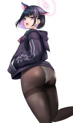 Rule 34 | 1girl, absurdres, animal ears, ass, black hair, black jacket, blue archive, bob cut, brown pantyhose, cat ears, colored inner hair, extra ears, feet out of frame, halo, hands in pockets, highres, hinata sora, hood, hood down, hooded jacket, jacket, kazusa (blue archive), leg up, looking at viewer, multicolored hair, neckerchief, no pants, open mouth, panties, panties under pantyhose, pantyhose, pink hair, pink neckerchief, red eyes, short hair, sidelocks, simple background, solo, thighband pantyhose, thighs, underwear, white background