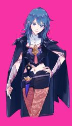 Rule 34 | 1girl, armor, artist request, blue eyes, blue hair, breasts, brown pantyhose, byleth (female) (fire emblem), byleth (fire emblem), cape, cowboy shot, fire emblem, fire emblem: three houses, hair ornament, hand on own hip, lace, lace-trimmed legwear, lace trim, long hair, looking at viewer, nintendo, pantyhose, pantyhose under shorts, pink background, shorts, simple background, smile, solo, upper body