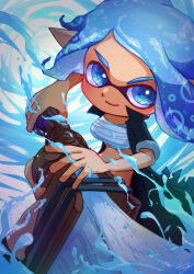 Rule 34 | 1girl, absurdres, blue eyes, blue hair, chest sarashi, closed mouth, commentary request, eyebrow cut, highres, holding, holding weapon, inkling, inkling girl, inkling player character, medium hair, nintendo, octobrush (splatoon), paint, pointy ears, sarashi, smile, solo, splatoon (series), splatoon 3, tako maru yeah, tentacle hair, weapon