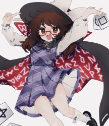 Rule 34 | 1girl, :d, ayahi 4, black cape, black footwear, black hat, bow, brown eyes, brown hair, buttons, cape, card, commentary, foot out of frame, glasses, hands up, hat, hat bow, highres, holding, holding card, long sleeves, looking at viewer, medium hair, open mouth, outstretched arm, plaid, plaid skirt, plaid vest, purple skirt, purple vest, quimbaya airplane, red-framed eyewear, red cape, runes, semi-rimless eyewear, shoes, simple background, skirt, skirt set, smile, socks, solo, touhou, two-sided cape, two-sided fabric, usami sumireko, v, vest, white background, white bow, white sleeves, white socks, zener card