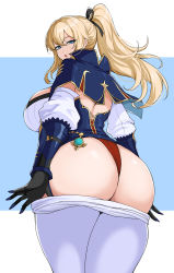 Rule 34 | 1girl, ass, blonde hair, blue eyes, blush, bow, breasts, curvy, genshin impact, hair bow, hella p, highres, huge ass, huge breasts, jean (genshin impact), long hair, looking at viewer, looking back, ponytail, sidelocks, simple background, solo, thick thighs, thighs, wide hips