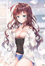 Rule 34 | 1girl, :3, :d, ahoge, artist name, bad id, bad pixiv id, blue eyes, blue shorts, blush, breasts, camisole, collarbone, covered navel, hands on own chest, hands up, ichinose shiki, idolmaster, idolmaster cinderella girls, indoors, lab coat, large breasts, long hair, open mouth, petals, short shorts, shorts, signature, smile, solo, thighs, tobi (mue86), wavy hair