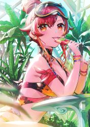 Rule 34 | 1girl, absurdres, alternate costume, blush, breasts, cleavage, elbows on table, food, goggles, hair bun, highres, large breasts, licking, looking at viewer, multicolored hair, nail polish, navel, nekota tsuna, nemoto yuuma, orange eyes, paint splatter, pink nails, plant, popsicle, red hair, sitting, smile, solo, swimsuit, tongue, tongue out, virtual youtuber, vspo!