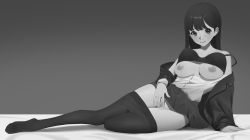 Rule 34 | 1girl, arm support, bare shoulders, bed sheet, blush, bra, bra lift, breasts, breasts out, closed mouth, clothes pull, collarbone, commission, female pubic hair, frown, full body, greyscale, hair behind ear, hair between eyes, highres, jacket, long hair, long sleeves, looking at viewer, lying, medium breasts, miniskirt, monochrome, nipples, no panties, no shoes, on bed, on side, open clothes, open jacket, pantyhose, pantyhose pull, persona, persona 5, persona 5 the royal, pretty mundane, pubic hair, school uniform, simple background, skeb commission, skirt, smile, solo, spoilers, swept bangs, toes, underwear, yoshizawa kasumi