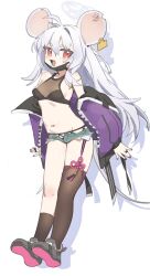 Rule 34 | 1girl, animal ears, black socks, black thighhighs, blue archive, blush, breasts, full body, grey footwear, grey hair, grey halo, groin, hair between eyes, halo, highres, jacket, long hair, long sleeves, looking at viewer, mouse ears, navel, nemo (leafnight), notched ear, open clothes, open jacket, open mouth, purple jacket, red eyes, saya (blue archive), shoes, simple background, single sock, single thighhigh, small breasts, smile, socks, solo, thighhighs, white background