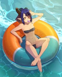 Rule 34 | 1girl, barefoot, black nails, blush stickers, breasts, gris swimsuit, highres, horns, innertube, meme attire, nail polish, navel, one-piece swimsuit, original, pointy ears, purple hair, shading eyes, single horn, small breasts, solo, strapless, strapless one-piece swimsuit, suweeka, swim ring, swimsuit, toenails, water, yellow eyes