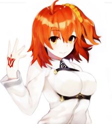 Rule 34 | 1girl, ahoge, artrageousgirl, breasts, command spell, fate/grand order, fate (series), fujimaru ritsuka (female), hair between eyes, impossible clothes, impossible shirt, large breasts, looking at viewer, orange eyes, orange hair, shirt, short hair, side ponytail, smile, solo, upper body, white background