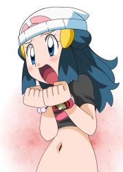 Rule 34 | 1girl, blue eyes, blue hair, blush, breasts, creatures (company), dawn (pokemon), female focus, game freak, hainchu, happy, looking away, matching hair/eyes, nintendo, pokemon, pokemon (anime), pokemon dppt (anime), small breasts, smile, solo