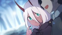 Rule 34 | 10s, 1boy, 1girl, aged down, black cloak, black hair, blurry, blurry background, candy, canon (aria), child, cloak, coat, colored skin, commentary request, couple, darling in the franxx, food, fur coat, fur trim, green eyes, grey coat, hetero, highres, hiro (darling in the franxx), holding, holding candy, holding food, hood, hooded cloak, horns, long hair, looking at another, oni horns, parka, pink hair, red horns, red skin, short hair, winter clothes, winter coat, zero two (darling in the franxx)