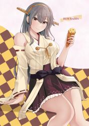 Rule 34 | 1girl, alternate costume, bare shoulders, black hair, breasts, brown eyes, checkered background, closed mouth, detached sleeves, english text, hair between eyes, hair ornament, hairclip, haruna (kancolle), haruna kai ni (kancolle), headgear, highres, holding, holding ice cream cone, ice cream cone, invisible chair, japanese clothes, jouzaburou (joe3), kantai collection, kimono, large breasts, long hair, looking at viewer, nontraditional miko, red skirt, ribbon-trimmed sleeves, ribbon trim, sitting, skirt, smile, solo, white kimono, wide sleeves