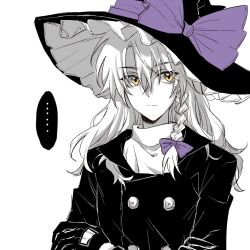 Rule 34 | ..., 1girl, adapted costume, black gloves, black hat, black jacket, bow, braid, gloves, hair bow, hat, hat bow, hitte5416, jacket, kirisame marisa, limited palette, long hair, long sleeves, purple bow, shirt, simple background, single braid, solo, spoken ellipsis, spot color, touhou, upper body, white background, white shirt, witch hat, yellow eyes
