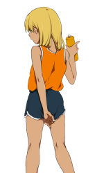 Rule 34 | 1boy, adjusting clothes, ass, ass focus, bad id, bad pixiv id, blonde hair, bottle, clothes pull, from behind, green eyes, inazuma eleven, inazuma eleven (series), long hair, male focus, miyasaka ryou, open mouth, shorts, shorts pull, simple background, solo, standing, tank top, tomo (sjim), trap, water bottle, white background