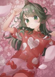 Rule 34 | 1girl, :3, blush, cherry blossoms, closed mouth, cloud print, commentary request, cover, cowboy shot, curly hair, flower, green eyes, green hair, hands up, highres, horns, kariyushi shirt, komano aunn, long hair, looking at viewer, lying, on back, petals, pink flower, red shirt, shirt, single horn, smile, solo, touhou, tutuntudenden