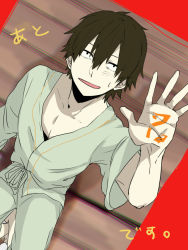 Rule 34 | 1boy, alternate costume, black eyes, black hair, dutch angle, entalma, hospital gown, kagerou project, kisaragi shintarou, looking at viewer, male focus, outstretched arm, red background, short hair, sitting, solo, sweat, sweatdrop