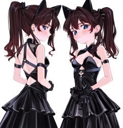 Rule 34 | 1girl, animal ears, bare shoulders, black dress, black gloves, blue eyes, blush, breasts, brown hair, cat ears, cleavage, closed mouth, dress, earrings, elisia valfelto, fake animal ears, from behind, gloves, highres, interlocked fingers, jewelry, looking at viewer, looking back, luicent, multiple views, original, own hands together, ponytail, sideways glance, small breasts, standing, stud earrings