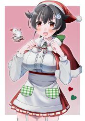Rule 34 | 1girl, absurdres, alternate costume, apron, black hair, border, breast pocket, breasts, capelet, commentary, cowboy shot, dress shirt, fur-trimmed capelet, fur trim, gradient background, hair flaps, highres, jingei (kancolle), kantai collection, large breasts, long hair, low ponytail, pink background, pleated skirt, pocket, red capelet, red eyes, red skirt, shirt, skirt, sled, snowman, solo, toriniku senshi chikinman, waist apron, white apron, white border, white shirt