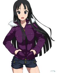 Rule 34 | 1girl, akiyama mio, black hair, blue eyes, cowboy shot, hands in pockets, jacket, k-on!, legs apart, long hair, looking at viewer, open mouth, parka, revision, short shorts, shorts, signature, simple background, smile, solo, straight hair, suna (sandworks), thighs, white background