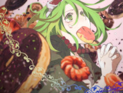 Rule 34 | 1girl, blurry, close-up, crying, crying with eyes open, depth of field, dessert, donut hole (vocaloid), doughnut, eating, fingernails, food, goggles, goggles on head, green eyes, green hair, gumi, interlocked fingers, jewelry, looking up, madori (sayuri5), necklace, own hands clasped, own hands together, pearl necklace, pink background, red neckwear, short hair, simple background, solo focus, tears, upper body, vocaloid