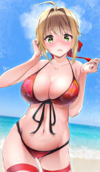 Rule 34 | 1girl, absurdres, ahoge, beach, bikini, blonde hair, blue sky, blush, breasts, cloud, collarbone, dermar, fate/extra, fate (series), front-tie top, green eyes, hair intakes, hair ribbon, highres, large breasts, looking at viewer, navel, nero claudius (fate), nero claudius (fate) (all), nero claudius (fate/extra), ocean, outdoors, red bikini, red ribbon, ribbon, sky, solo, swimsuit, thigh strap