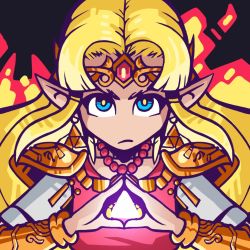 Rule 34 | 1girl, angry, blonde hair, blue eyes, earrings, elf, fire, frown, hand signs, jewelry, looking at viewer, necklace, nintendo, pointy ears, princess zelda, solo, super smash bros., the legend of zelda, the legend of zelda: a link between worlds, triforce, upper body