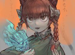 Rule 34 | 1girl, :d, animal ears, bow, braid, cat ears, dress, eyebrows hidden by hair, fire, green dress, hair bow, hakonnbo, kaenbyou rin, open mouth, red eyes, red hair, simple background, skull, smile, solo, tail, touhou, twin braids