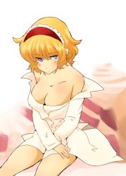 Rule 34 | 1girl, alice margatroid, bad id, bad pixiv id, bare shoulders, blonde hair, blue eyes, blush, bottomless, breasts, cleavage, dress shirt, earrings, female focus, from above, hairband, jewelry, large breasts, naked shirt, no bra, no pants, non (z-art), shirt, short hair, solo, touhou