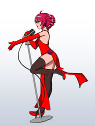 Rule 34 | 1girl, ahoge, black thighhighs, colorized, dress, drill hair, earrings, elbow gloves, flat chest, gloves, high heels, highres, jewelry, kasane teto, kekekeke, leg up, legs, long legs, md5 mismatch, microphone, microphone stand, music, purple eyes, purple hair, red dress, red gloves, shoes, side slit, singing, solo, thighhighs, thighs, twin drills, twintails, utau