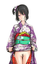 Rule 34 | 1girl, anraku cho, artist request, black hair, blush, bottomless, closed mouth, clothes lift, expressionless, female pubic hair, floral print, gluteal fold, hair ornament, hair scrunchie, highres, japanese clothes, kimono, kimono lift, lifting own clothes, long hair, long sleeves, no panties, obi, original, pink eyes, pubic hair, red ribbon, ribbon, sash, scrunchie, short hair, side ponytail, simple background, solo, standing, thigh gap, thighs, white background, wide sleeves
