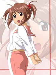Rule 34 | 00s, 1girl, arms behind back, brown eyes, brown hair, coquelicot (sakura taisen), ikari manatsu, looking at viewer, looking back, midriff, open mouth, sailor collar, sakura taisen, sakura taisen iii, short hair, solo, twintails, zoom layer