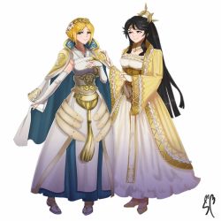 Rule 34 | 2girls, black hair, blonde hair, closed mouth, cosplay, costume switch, dress, fire emblem, fire emblem fates, fire emblem heroes, fire emblem warriors, flower, full body, hair ornament, long hair, looking at another, looking at viewer, mikoto (fire emblem), multiple girls, nintendo, ponytail, short hair, smile, songban, tiara, white background, yelena (fire emblem)