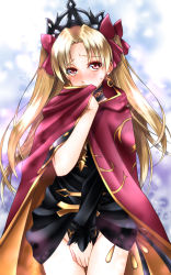 Rule 34 | 1girl, black dress, blonde hair, blush, cape, commentary request, covering crotch, covering own mouth, covering privates, dress, earrings, embarrassed, ereshkigal (fate), fate/grand order, fate (series), hair ribbon, head tilt, infinity symbol, jewelry, long hair, looking at viewer, multicolored cape, multicolored clothes, parted bangs, red cape, red eyes, red ribbon, ribbon, solo, spine, sumeragi tomo, tiara, two side up, yellow cape