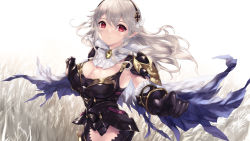 Rule 34 | 1girl, armor, black armor, blush, breasts, cait aron, cape, cleavage, corrin (female) (fire emblem), corrin (female) (nohr noble) (fire emblem), corrin (fire emblem), fire emblem, fire emblem fates, headband, highres, large breasts, long hair, looking at viewer, nintendo, open mouth, pointy ears, red eyes, silver hair, solo, thighs, torn cape, torn clothes, wheat, wheat field, white background