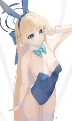Rule 34 | 1girl, absurdres, animal ears, bare shoulders, blonde hair, blue archive, blue eyes, blue hair, blue leotard, blush, bow, bowtie, braid, breasts, cleavage, collarbone, commentary, detached collar, double v, earpiece, fake animal ears, fake tail, french braid, halo, highleg, highleg leotard, highres, leotard, long hair, looking at viewer, looking back, medium breasts, multicolored hair, official alternate costume, open mouth, playboy bunny, rabbit ears, rabbit tail, solo, strapless, strapless leotard, streaked hair, tachibana shiori (suica 112), tail, thighhighs, thighs, toki (blue archive), toki (bunny) (blue archive), v, white bow, white thighhighs, white wrist cuffs, wrist cuffs